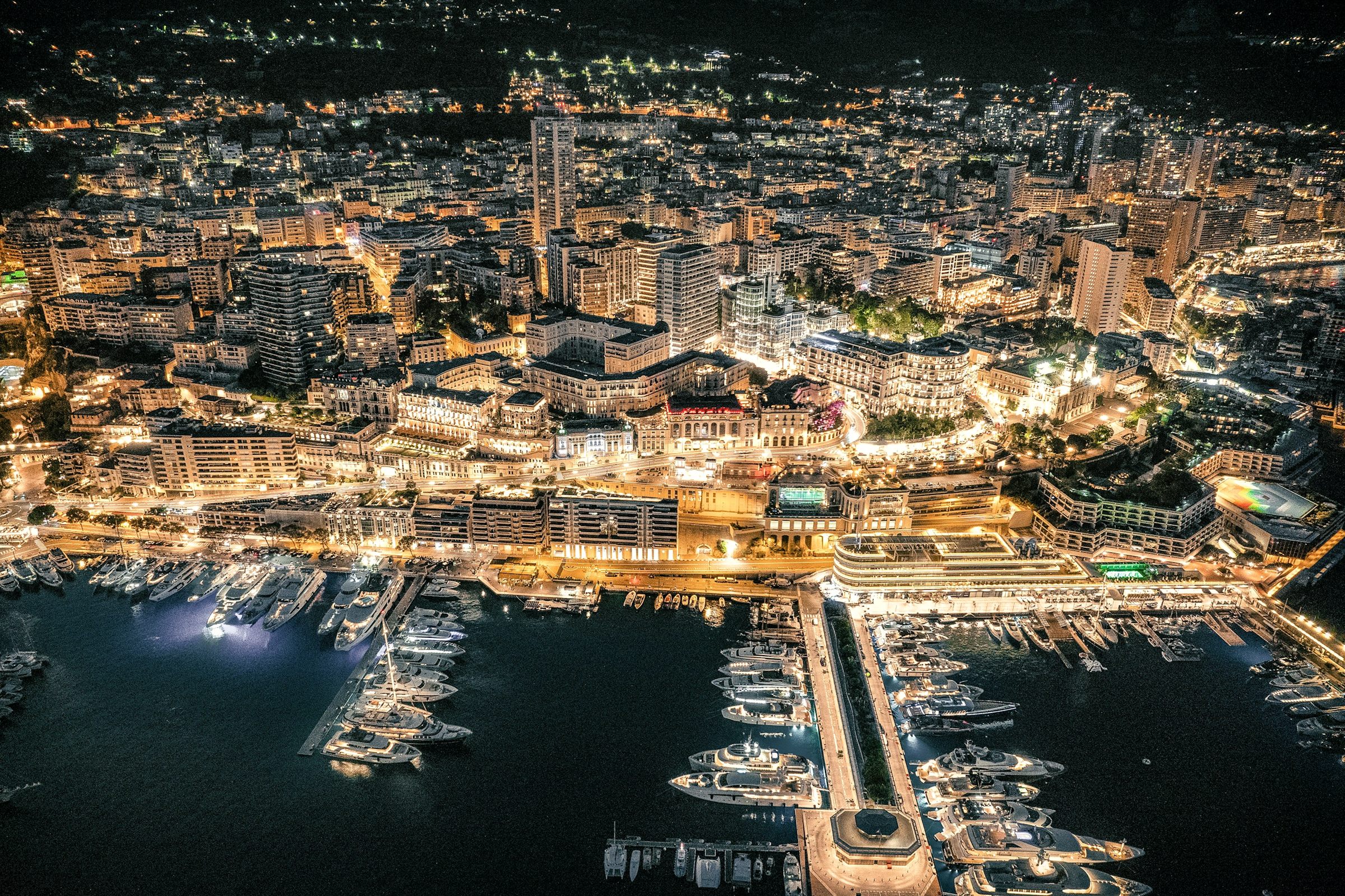 Aerial view of Monaco harbour at night