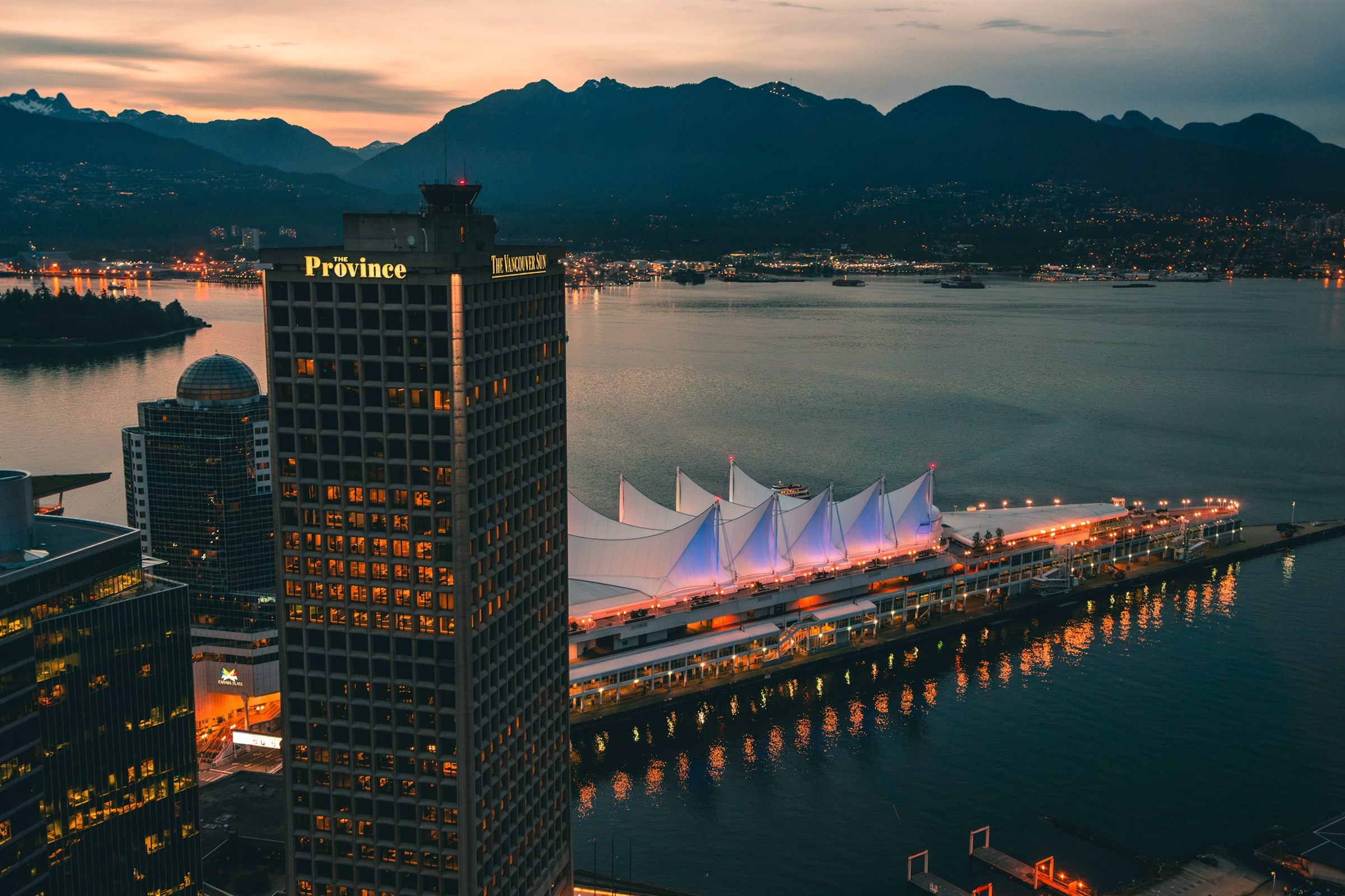 Canada Place and Vancouver harbour at dusk